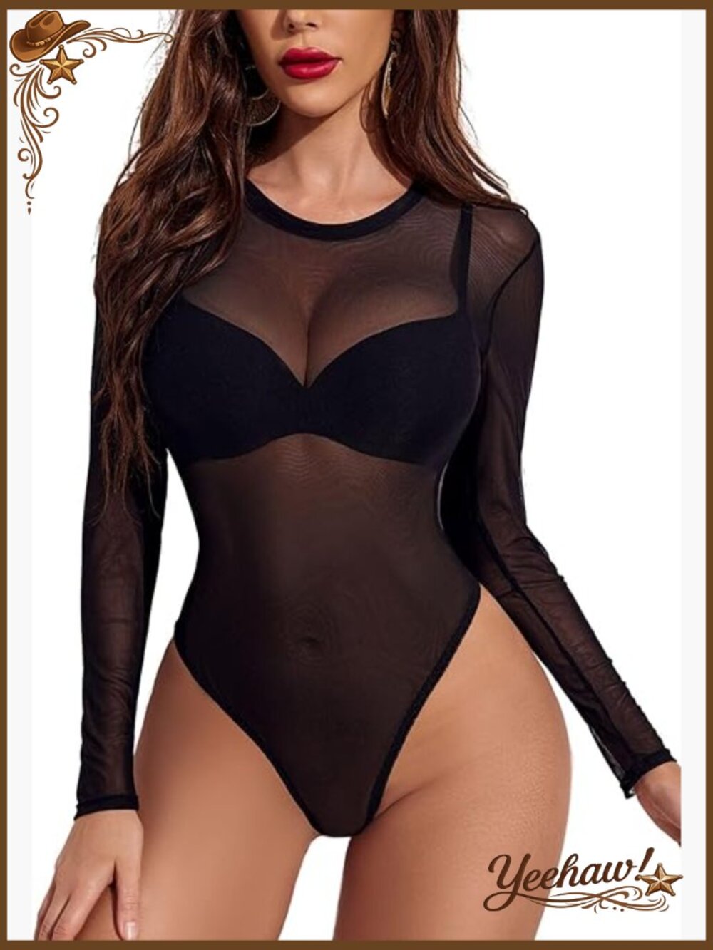 Long Sleeve Mesh Bodysuit with Snap Crotch Sheer Leotard Top